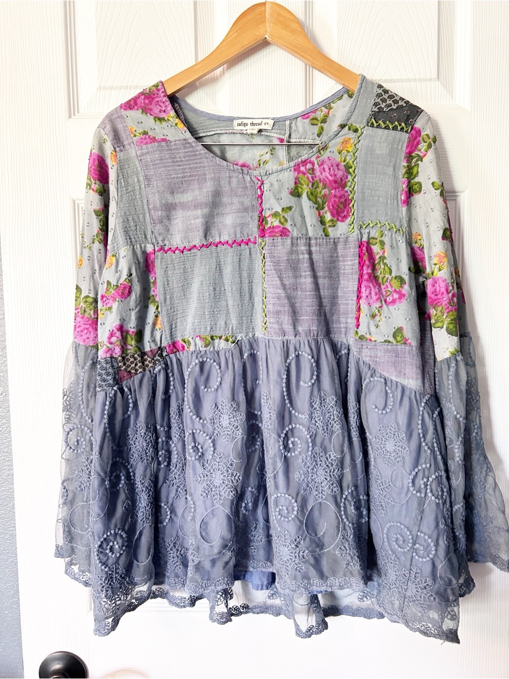 Indigo Thread Co Lace Floral Patchwork Bohemian Babydoll Blouse